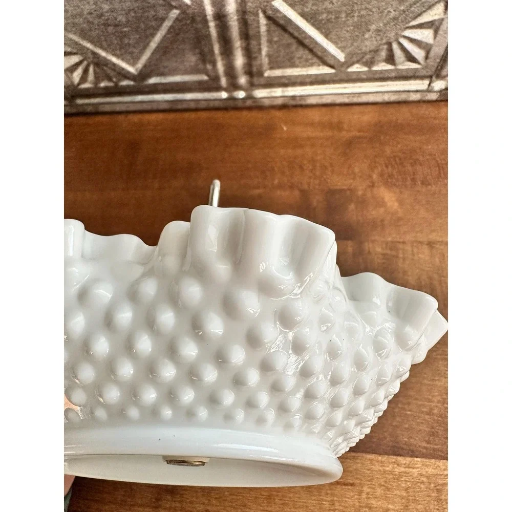 Vintage Fenton white milk glass ruffled edge hobnail silver handled‎ candy dish